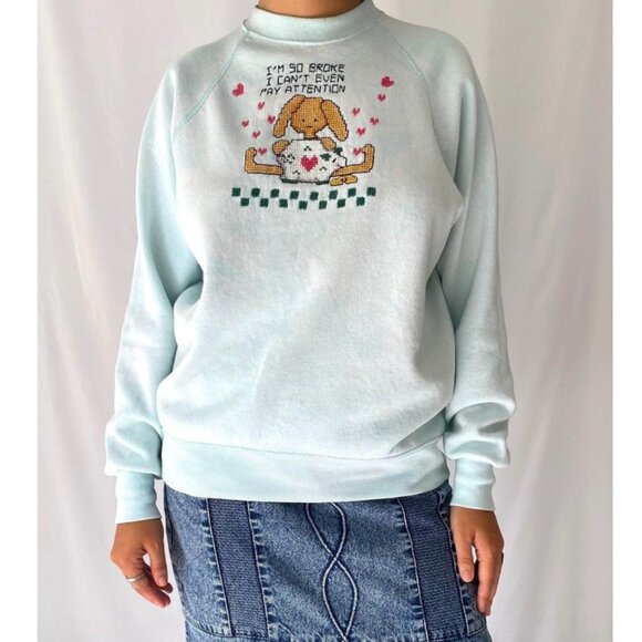90s vintage animal bunny graphic funny quote cross stitch crewneck sweatshirt - Picture 2 of 7